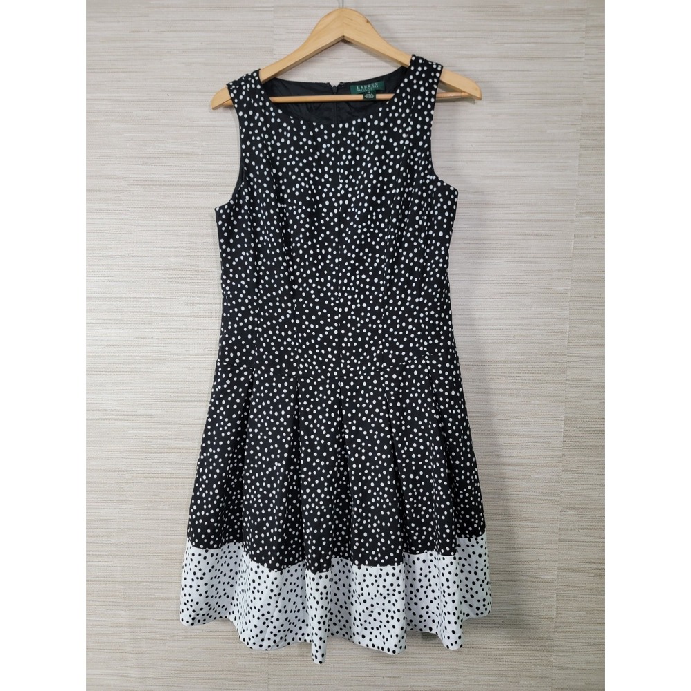 Lauren Ralph Lauren Tank Dress Womens 12 Black White‎ Polka Dot Lined Back Zip